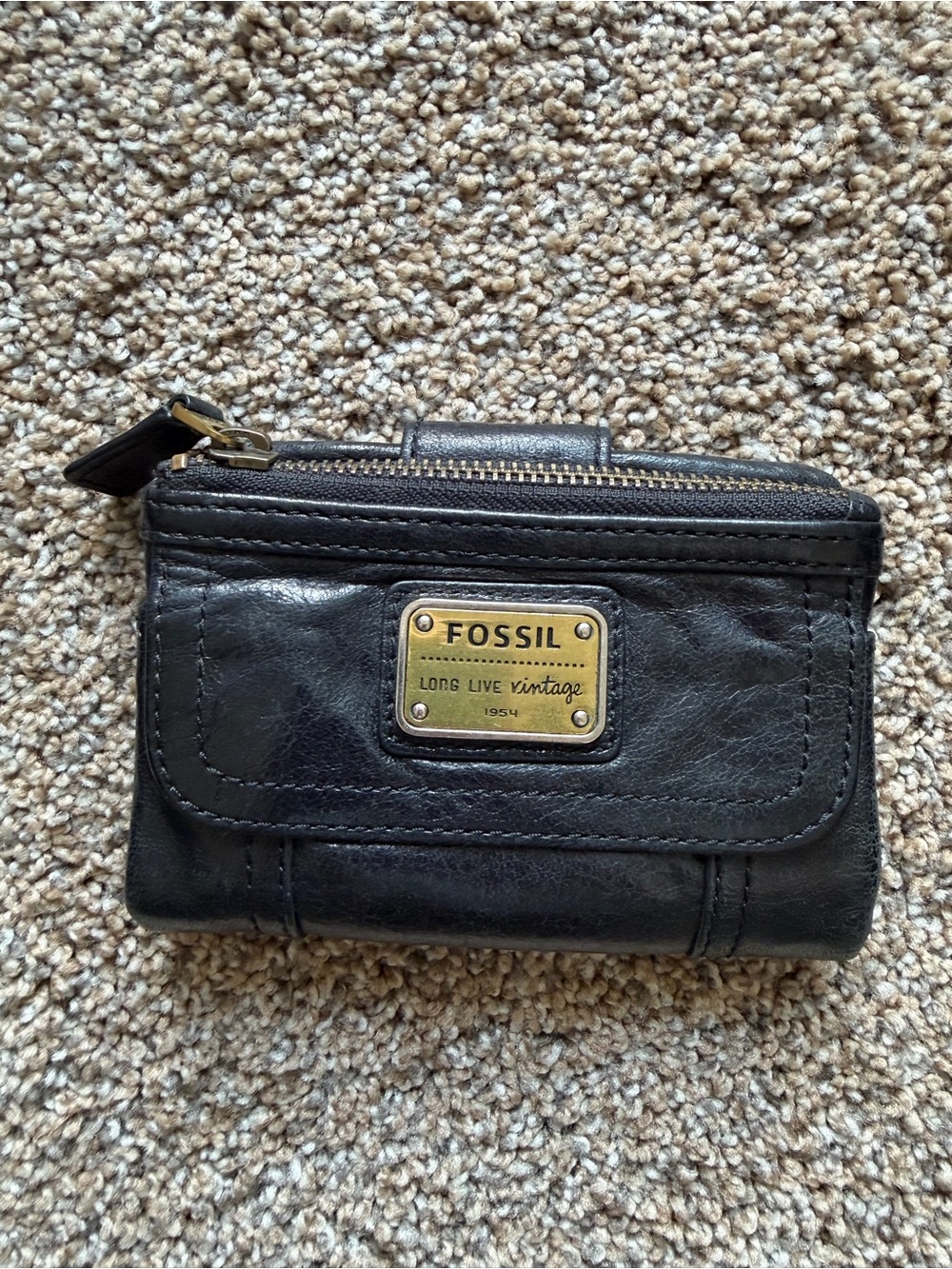 FOSSIL Vintage Black Leather Wallet with Gold Emblem